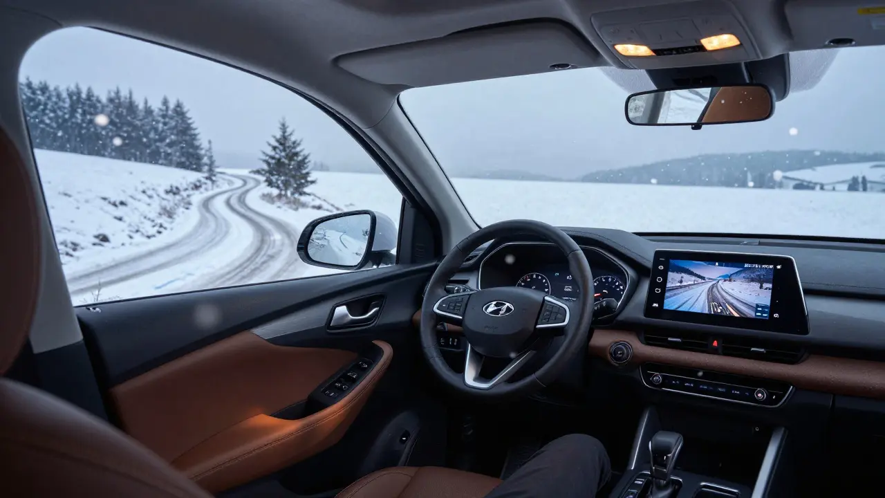 Hyundai Tucson s AWD jízdními vlastnostmi na zasněžené cestě v zimě, s viditelnou kamerou na zadní straně.
