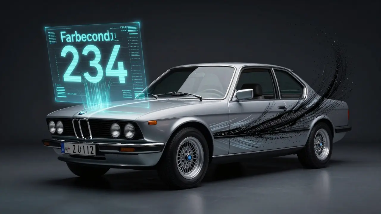 Konceptuální obraz BMW s digitálními daty převádějícími VIN na barvu karosérie