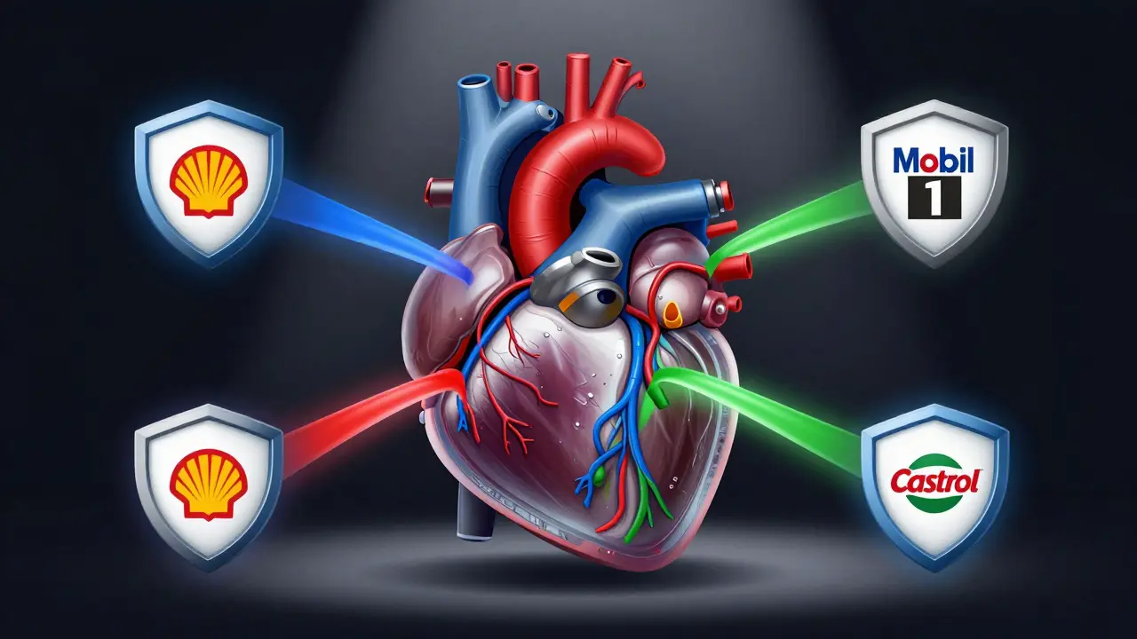 Konceptuální obrázek motoru jako srdce s tokem oleje v různých barvách pro správný a špatný olej.