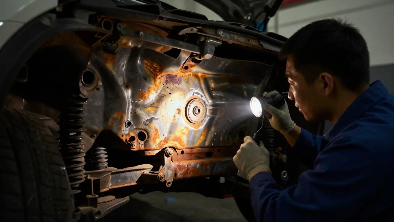 Mechanik prohlíží podvozek Mazda CX-5 světlem, hledající skryté opravy a korozi.