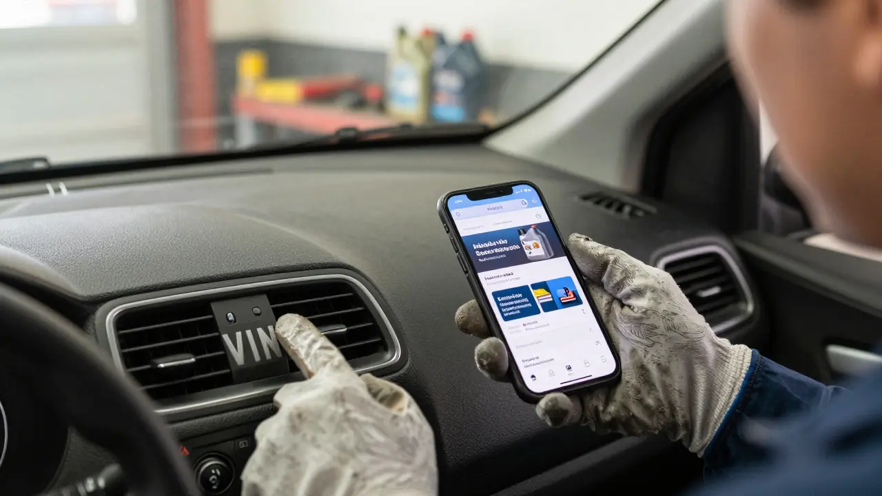 Mechanik ukazuje na VIN kód a zobrazuje webovou stránku Renault pro výběr oleje na chytrém telefonu.