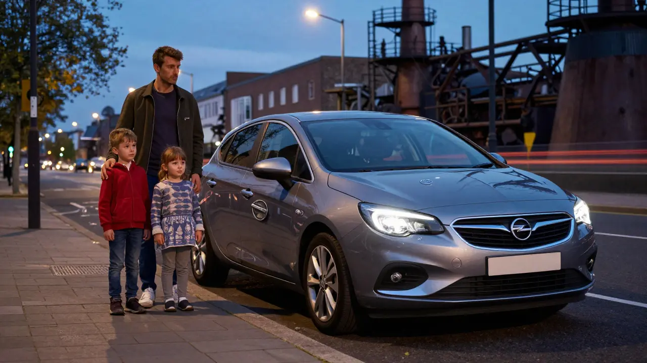 Modern Vauxhall Astra on a British street with subtle Opel logo reflections on its paint.