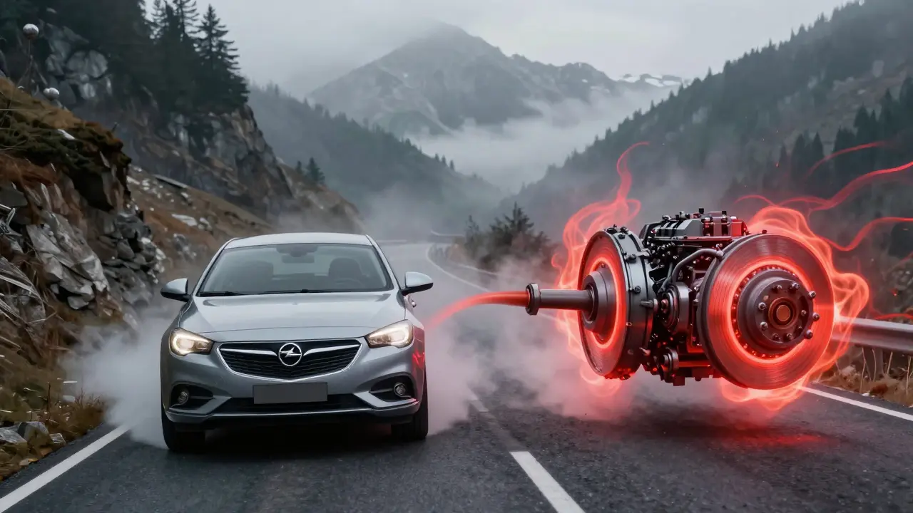 Opel Insignia sestupuje kopcem: jedna cesta s motorovým bržděním, druhá s přetíženými brzdami.