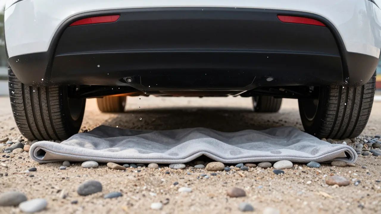 Pohled zdola na podvozek Tesly s pískem a koberci pro zvýšení tření.