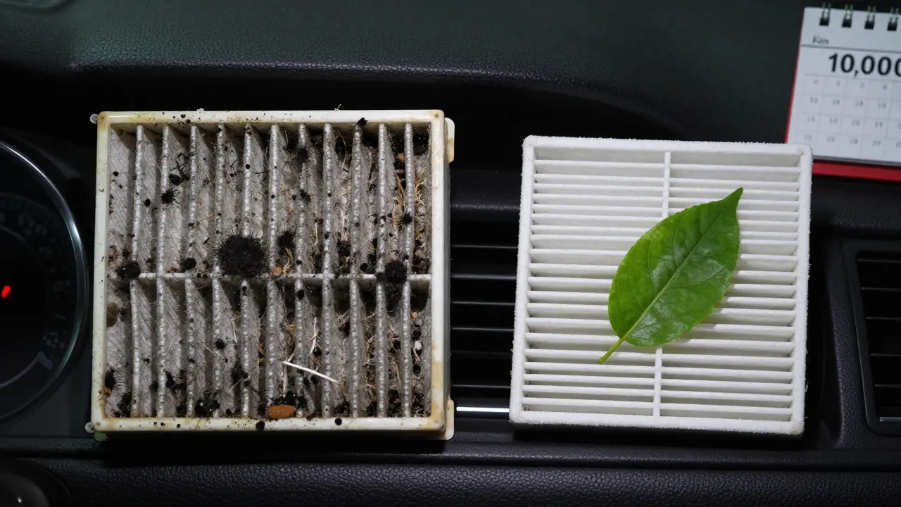 Porovnání špinavého a čistého filtru klimatizace na palubní desce.