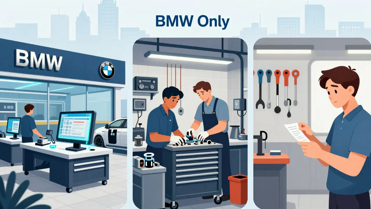 Porovnání tří typů servisů pro BMW: oficiální centrum, specializovaný servis a běžný mechanik.