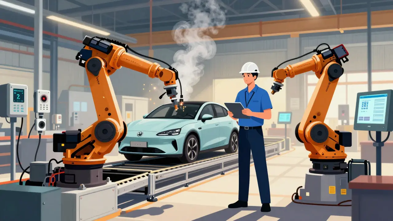 Ředitel výroby sleduje automatizovanou linku v automobilové továrně.