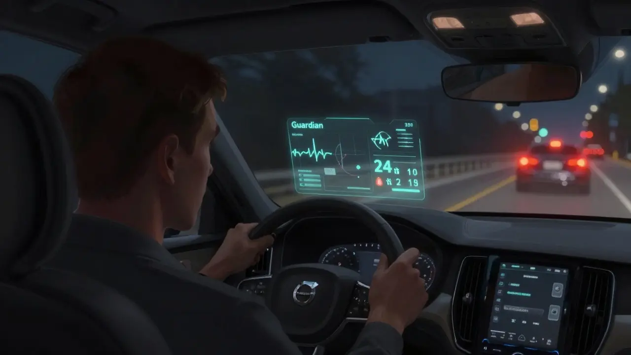 Řidič v autě Volvo s monitorováním stavu pozornosti systémem Guardian.