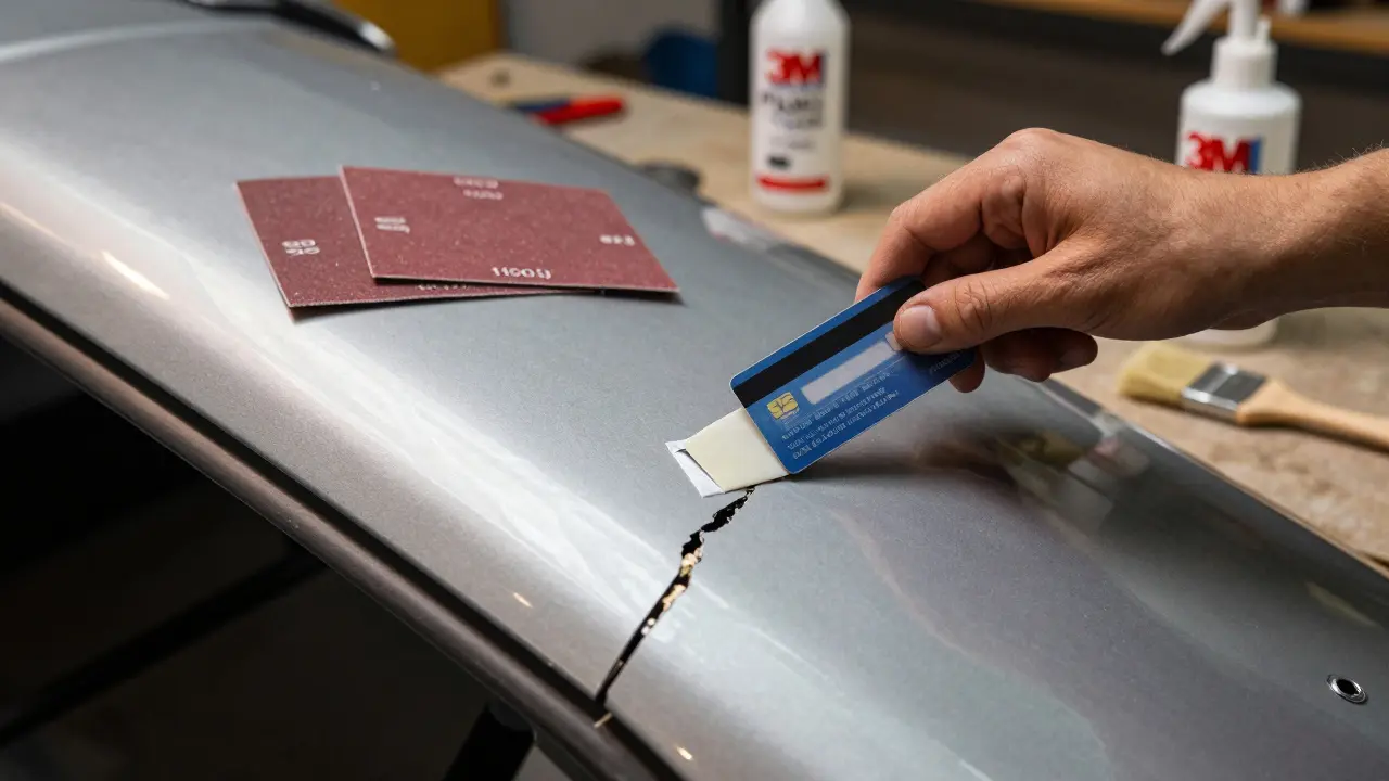 Ruka aplikující plastovou náplň na trhlinu v křidélku BMW pomocí kreditní karty.
