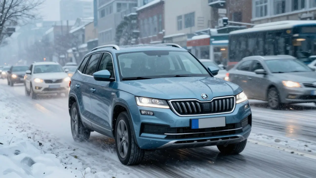 Škoda Kodiaq v městské jízdě za sněhu s častými zastávkami