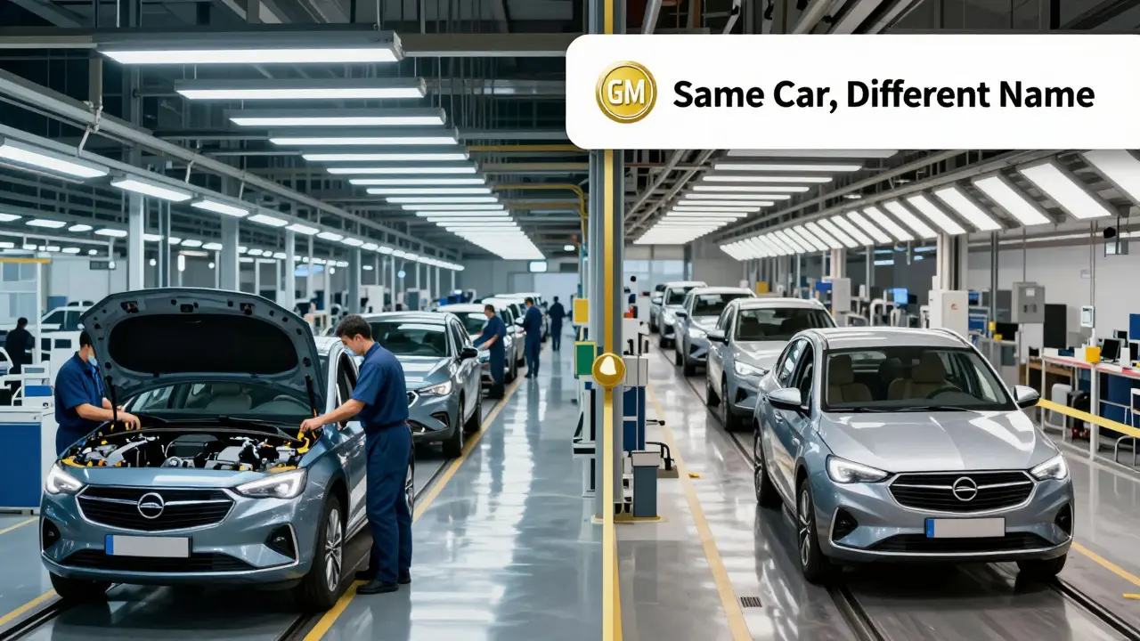 Split-screen showing identical cars being assembled in Germany and Britain with Vauxhall badges being added.