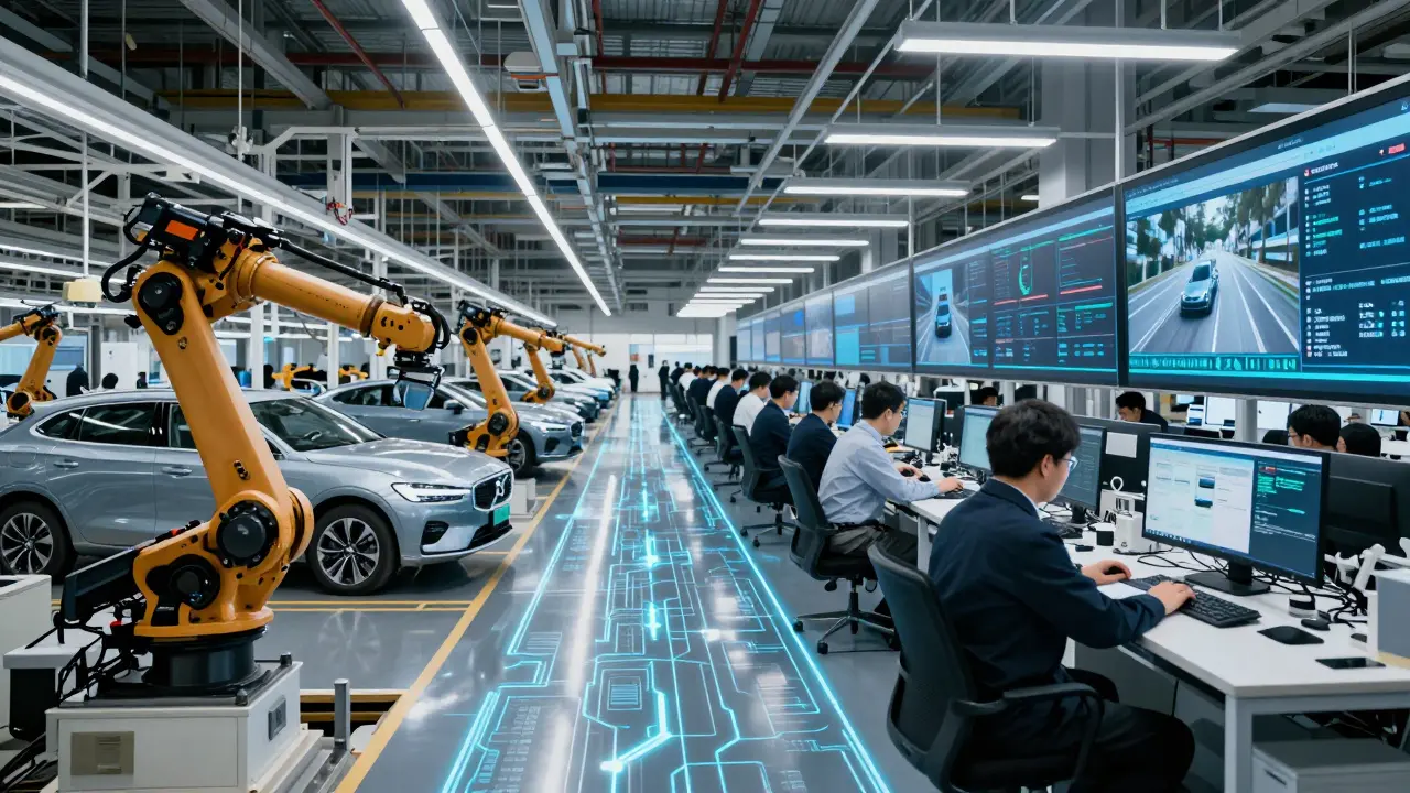 Split view of Volvo production in Sweden and Geely's Shanghai R&amp;D center with digital data links.