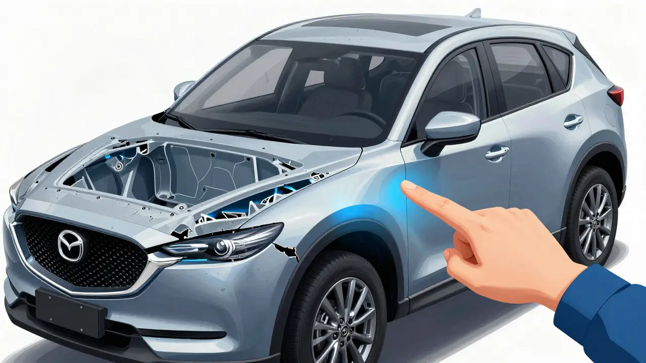 Technická ilustrace poškozeného rámu Mazda CX-5 s důrazem na bezpečnostní rizika.