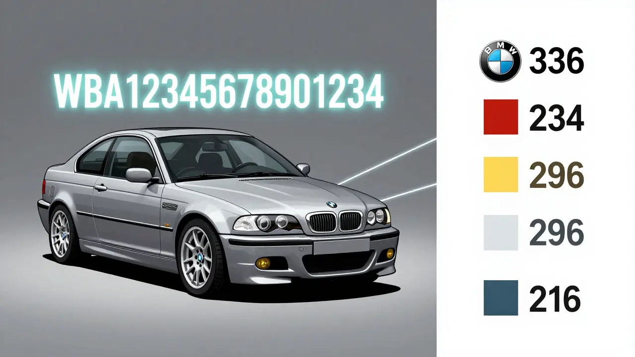 Technická ilustrace spojující VIN s přesnými kódy barev BMW