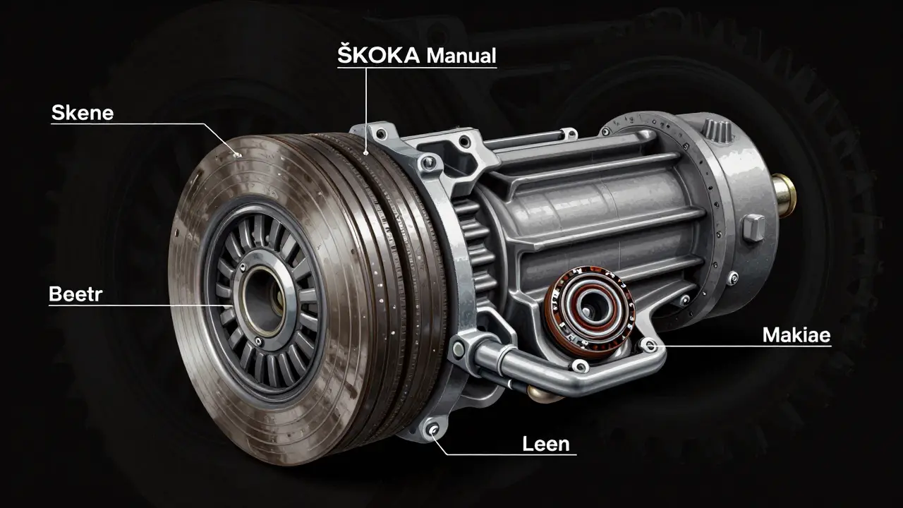 Technický nákres vnitřních částí spojky Škody s viditelným opotřebením disku a únikem hydraulické kapaliny.