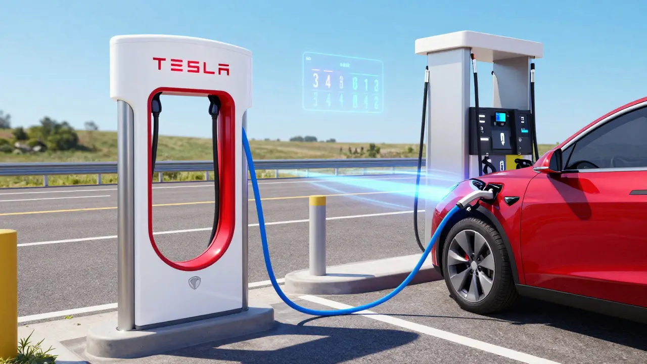 Tesla na Superchargeru a benzínové auto na čerpací stanici