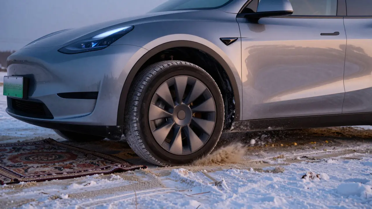 Tesla se pomalu pohybuje, kola se točí na písku a kobercích pod nimi.