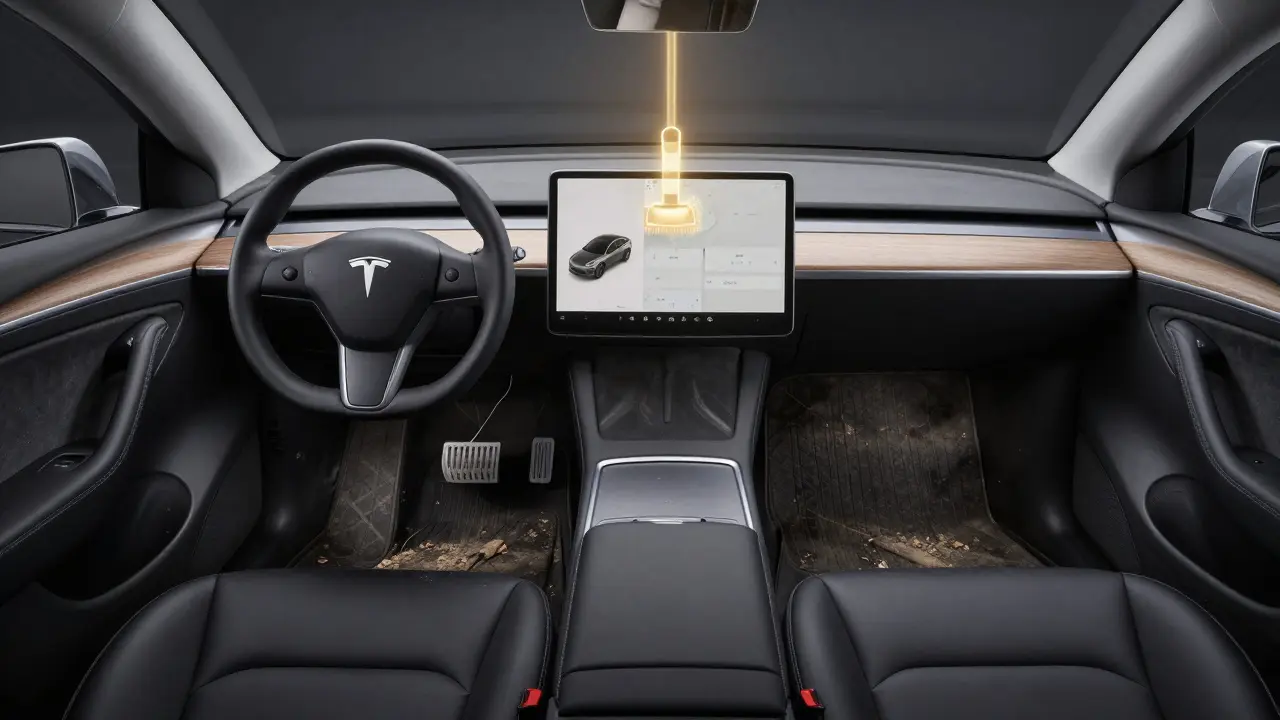 Transparentní kompozice čistého a znečištěného interiéru Tesla, ukazující skrytou špínu pod sedadly a v mezera.