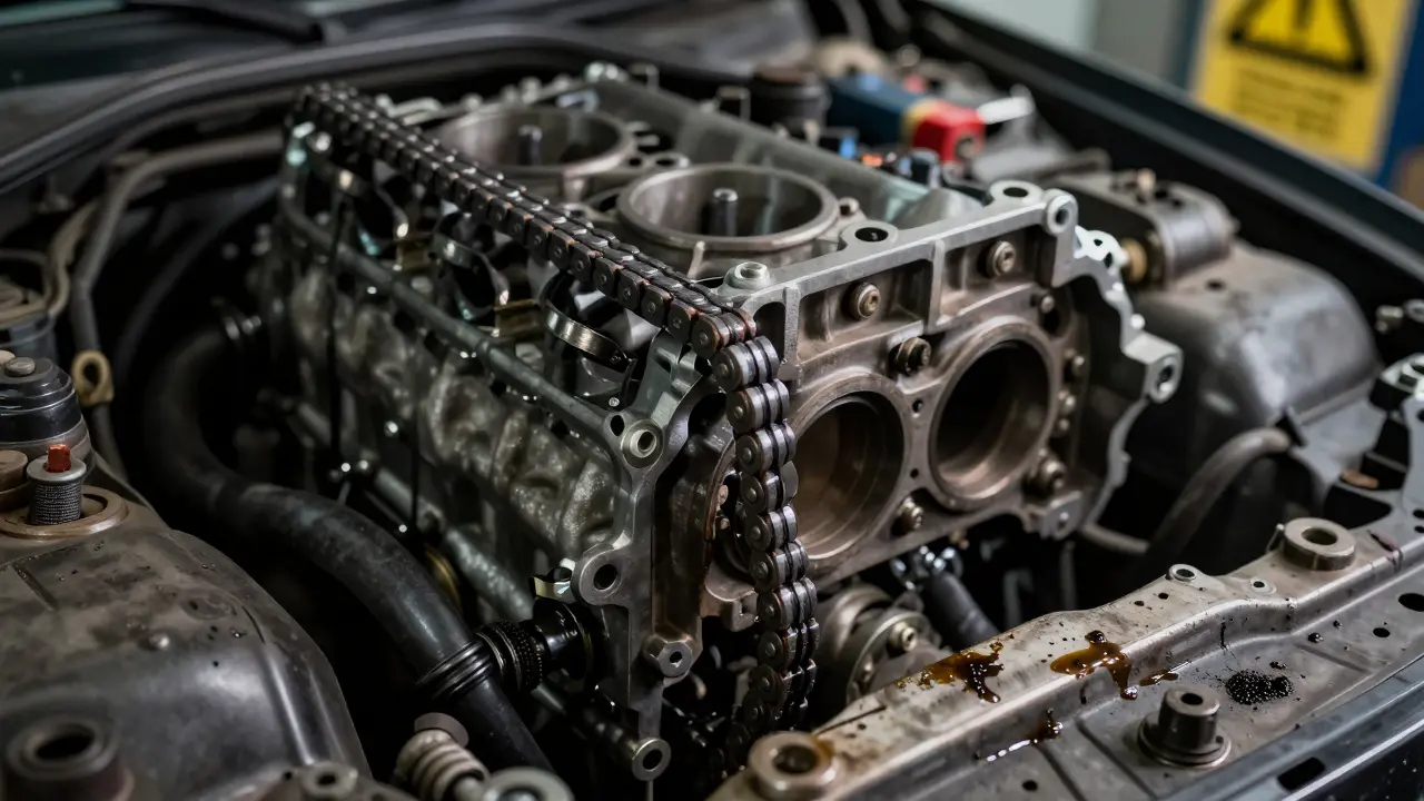 Uvolněný řetěz v motoru BMW N47 s olejovými skvrnami.