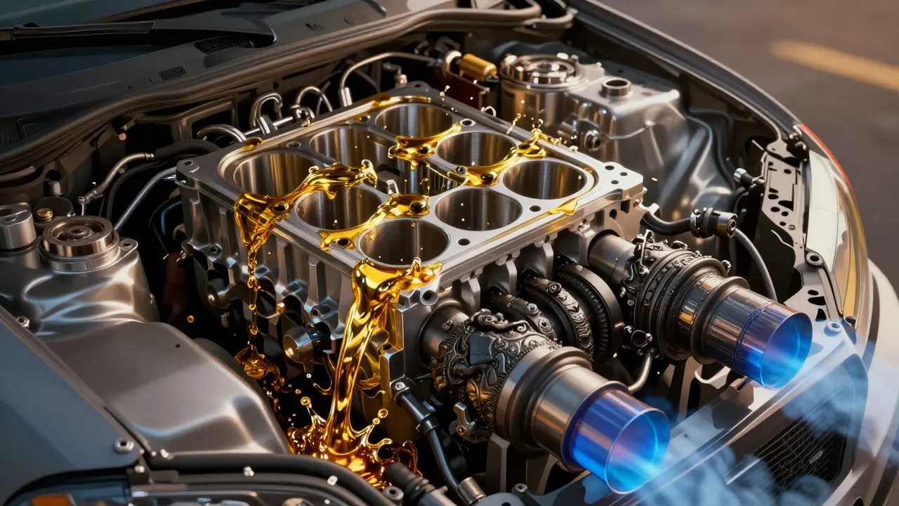 Vnitřní pohled na motor s přeplněným olejem, který znečišťuje spalovací komory a katalyzátor.