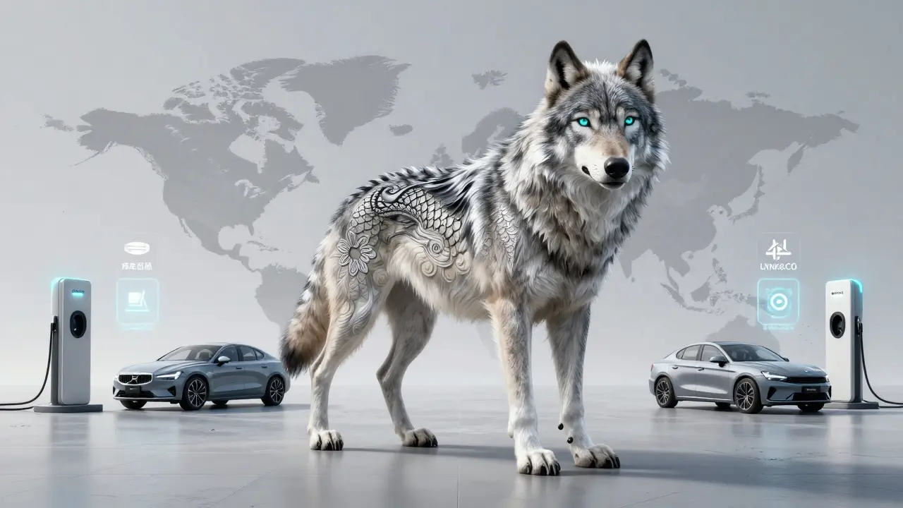 Volvo as a Swedish wolf with dragon scales, standing on a global map under electric charging lights.