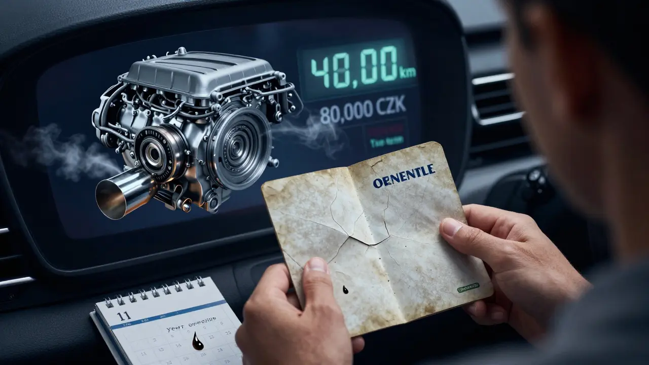 Car owner staring at high odometer reading while ghostly images of engine damage and repair cost appear in background.