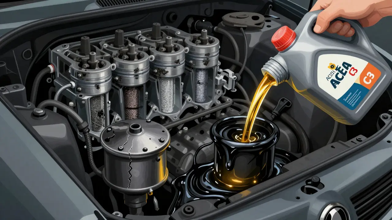 Diesel engine with black sludge leaking and clean oil flowing in, revealing internal damage like clogged DPF and corroded valve seals.