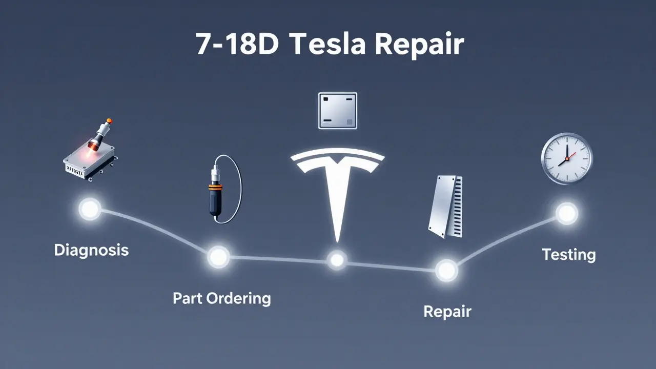 Flowchart of Tesla repair process with glowing stages, icons for laser welding, aluminum panels, and sensor calibration.