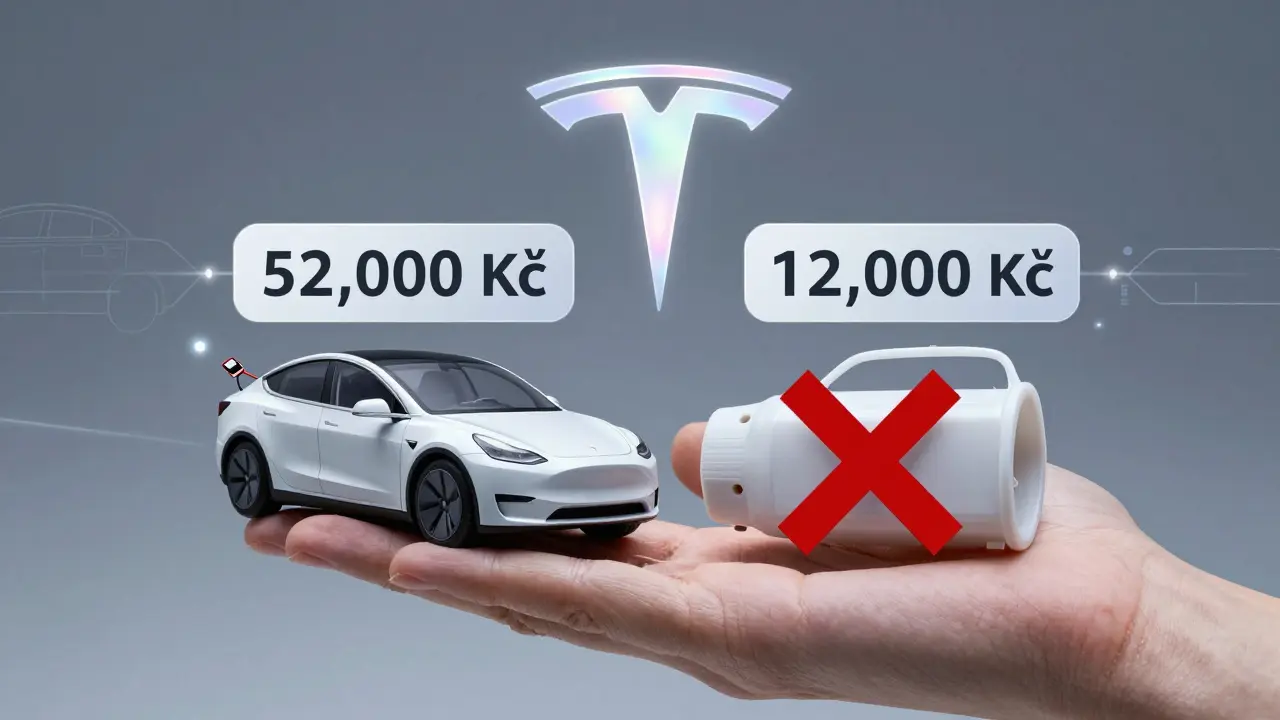 Hand holding Tesla original bumper versus counterfeit part from China, with price comparison and calibration lasers in background.