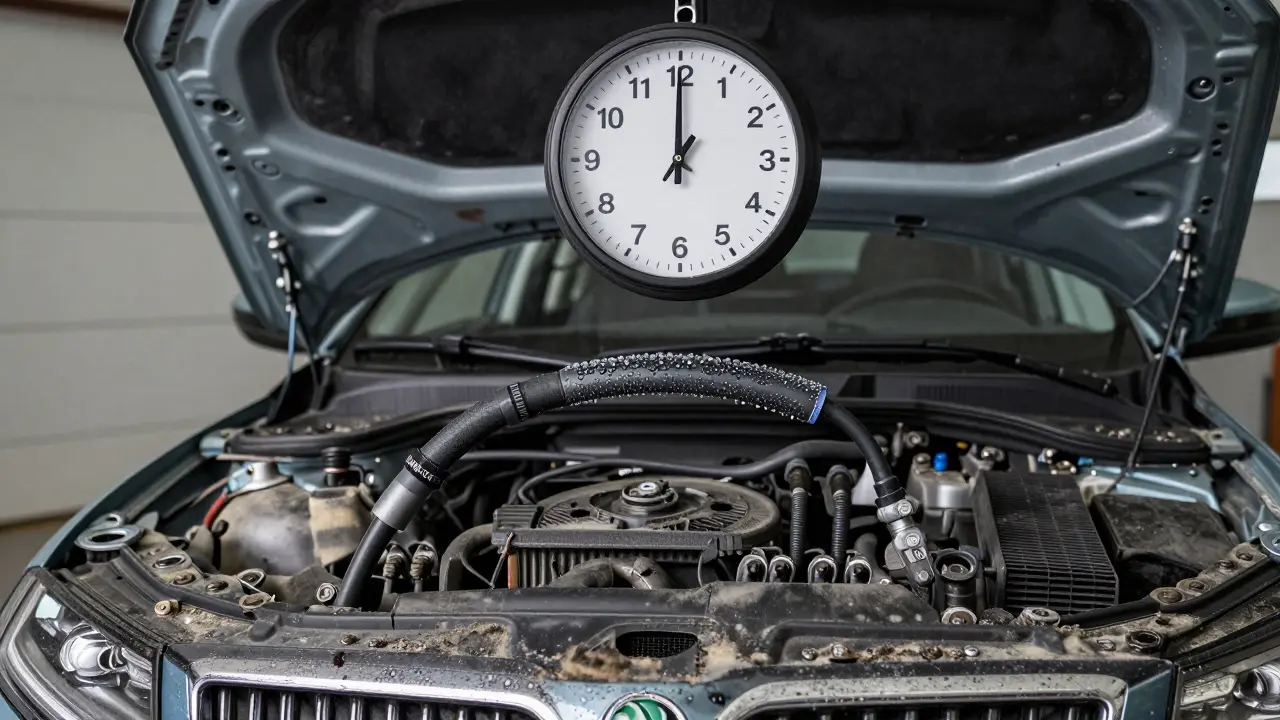 Hodiny ukazují uplynulé měsíce, zatímco vlhkost a prach poškozují auto bez jízdy.