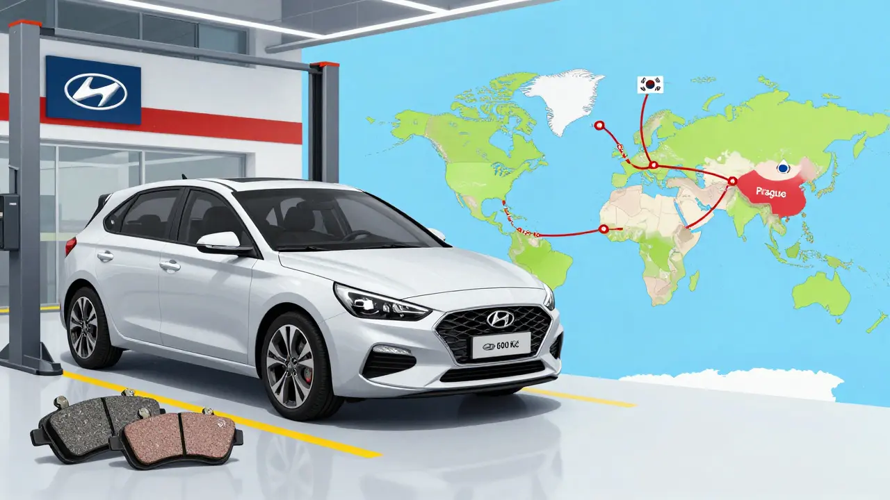 Hyundai i30 v servisu s ukázkou náhradních dílů a dodávkovým mapováním z Koreje.