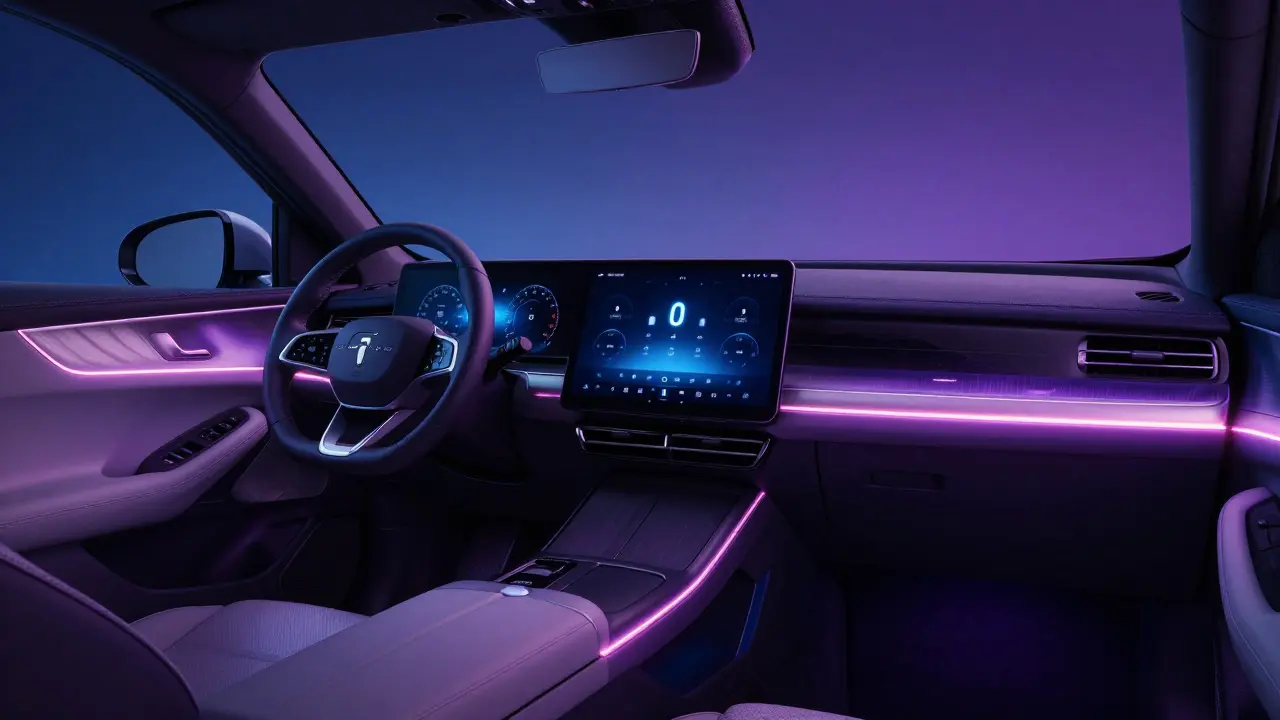 Interiér auta s rozsvíceným ambientním světlem ukazujícím upravené funkce.