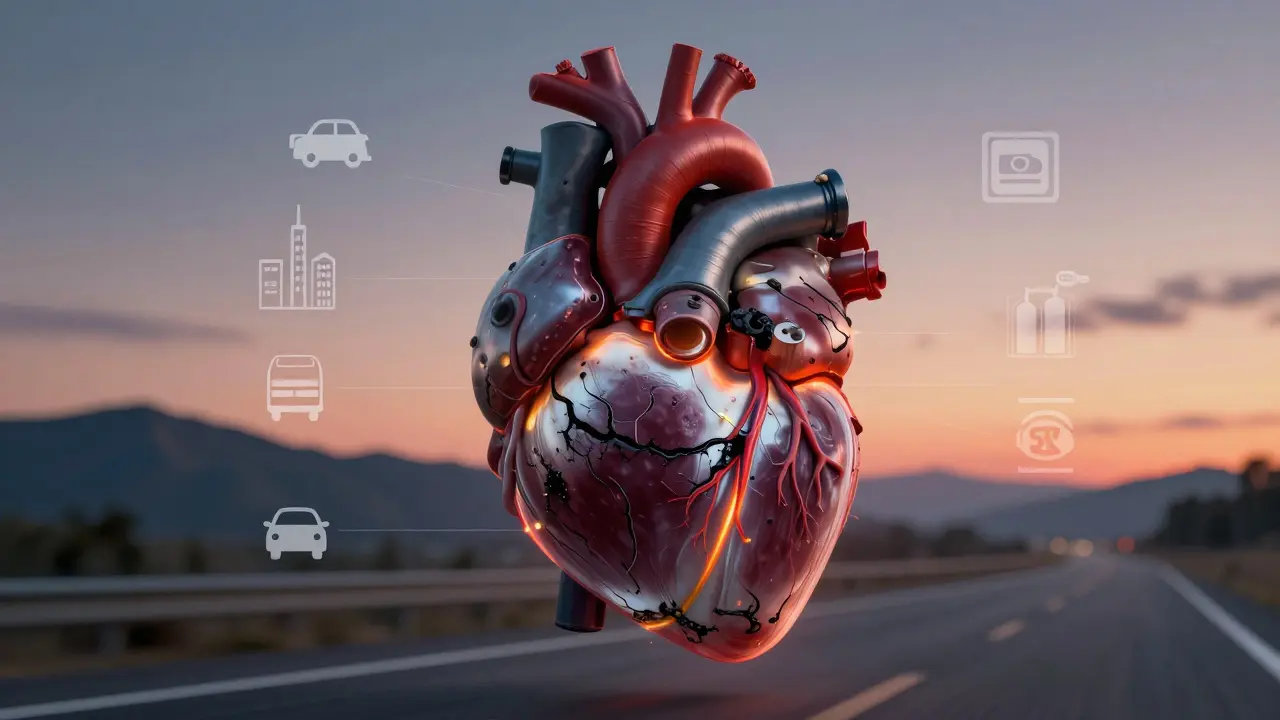 Koncepční obrázek motoru jako srdce s čistým a znečištěným olejem, symbolizující vliv jízdních podmínek.