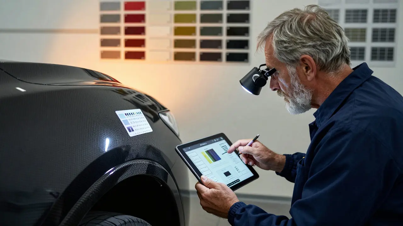 Malíř aut porovnává kód barvy s digitálním návrhem opravy na tabletu v servisu Mazda.