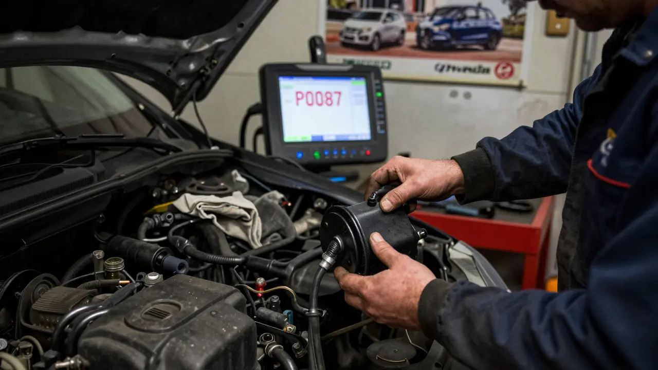 Mechanic removing a dirty fuel filter from a Hyundai diesel engine in a garage with diagnostic screen showing P0087.