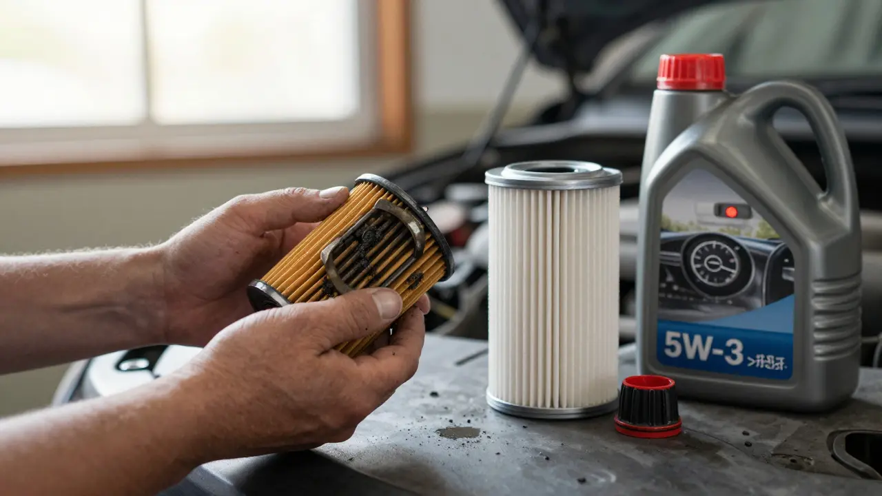 Mechanik drží znečištěný olejový filtr vedle nového filtru a lahví čistého oleje.