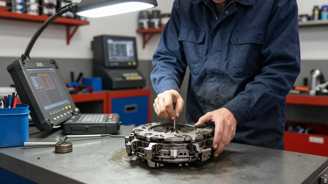 Mechanik kontroluje opotřebený kotouč spojky na stole