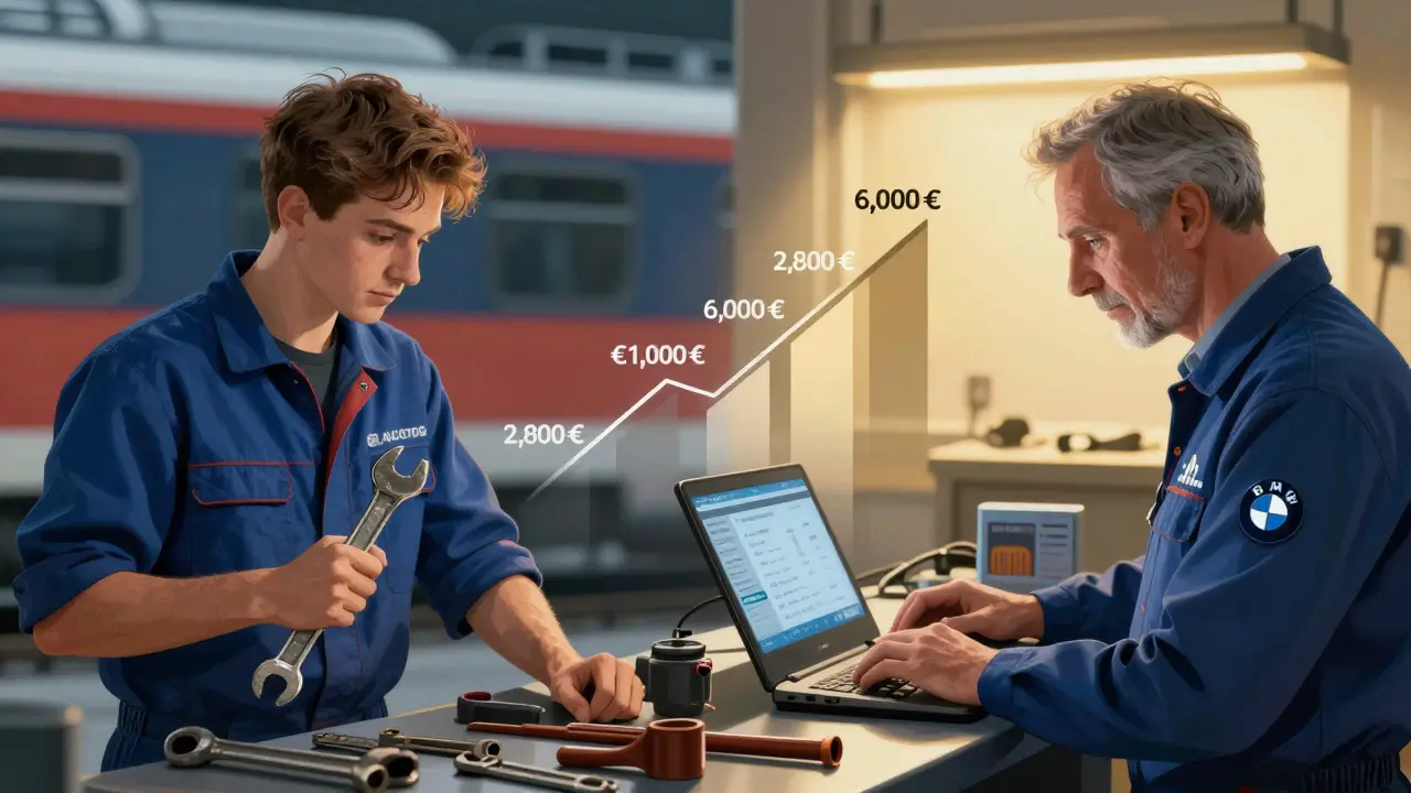 Porovnání začátečníka a zkušeného mechanika v Německu s rozdílnými nástroji a příjmy.