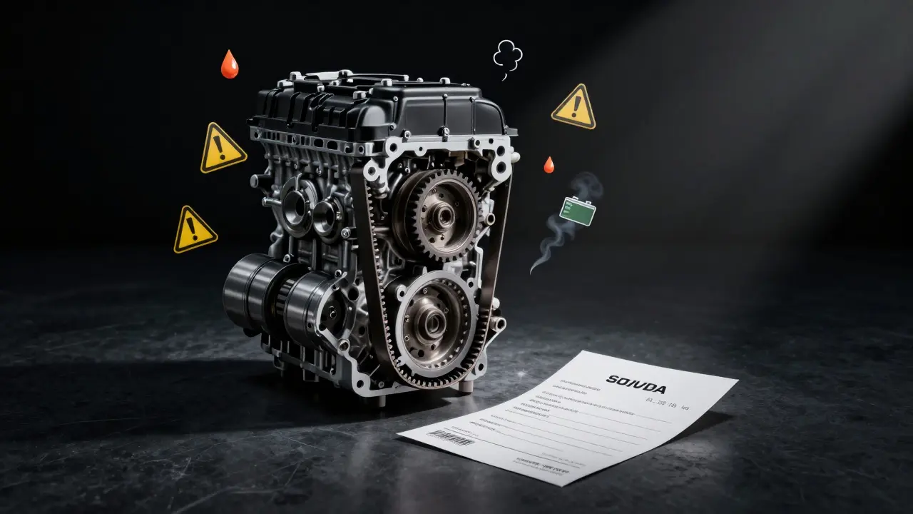 Poškozený řemen rozvodu v motoru Škody s varovnými symboly, symbolizující následky neprovádění servisu.