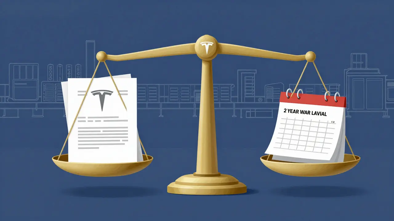 Právní váha s Tesla symbolem a dokumenty o skryté vadě.