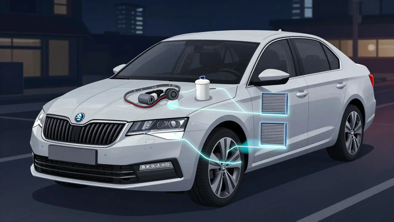 Průhledný náčrt důležitých servisních komponentů Škody Octavia.