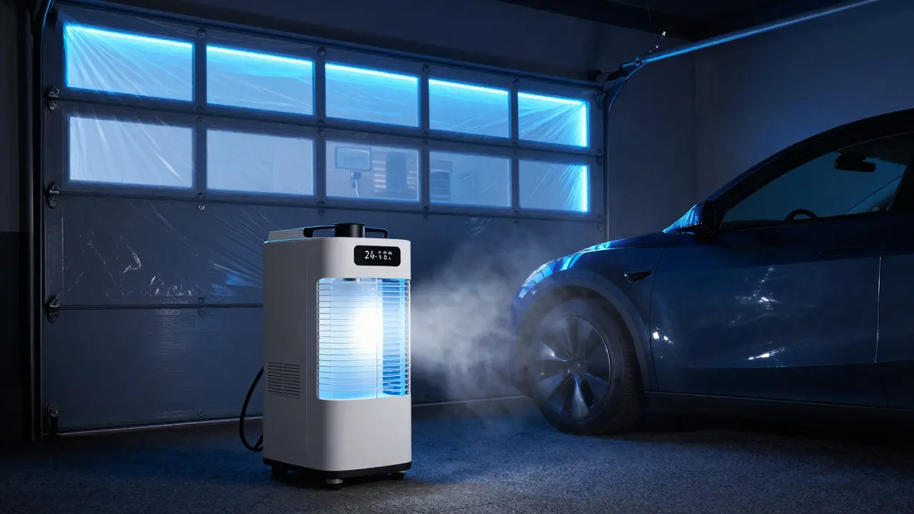Průmyslový odvlhčovač pracující v garáži vedle Tesly s uzavřenými okny.