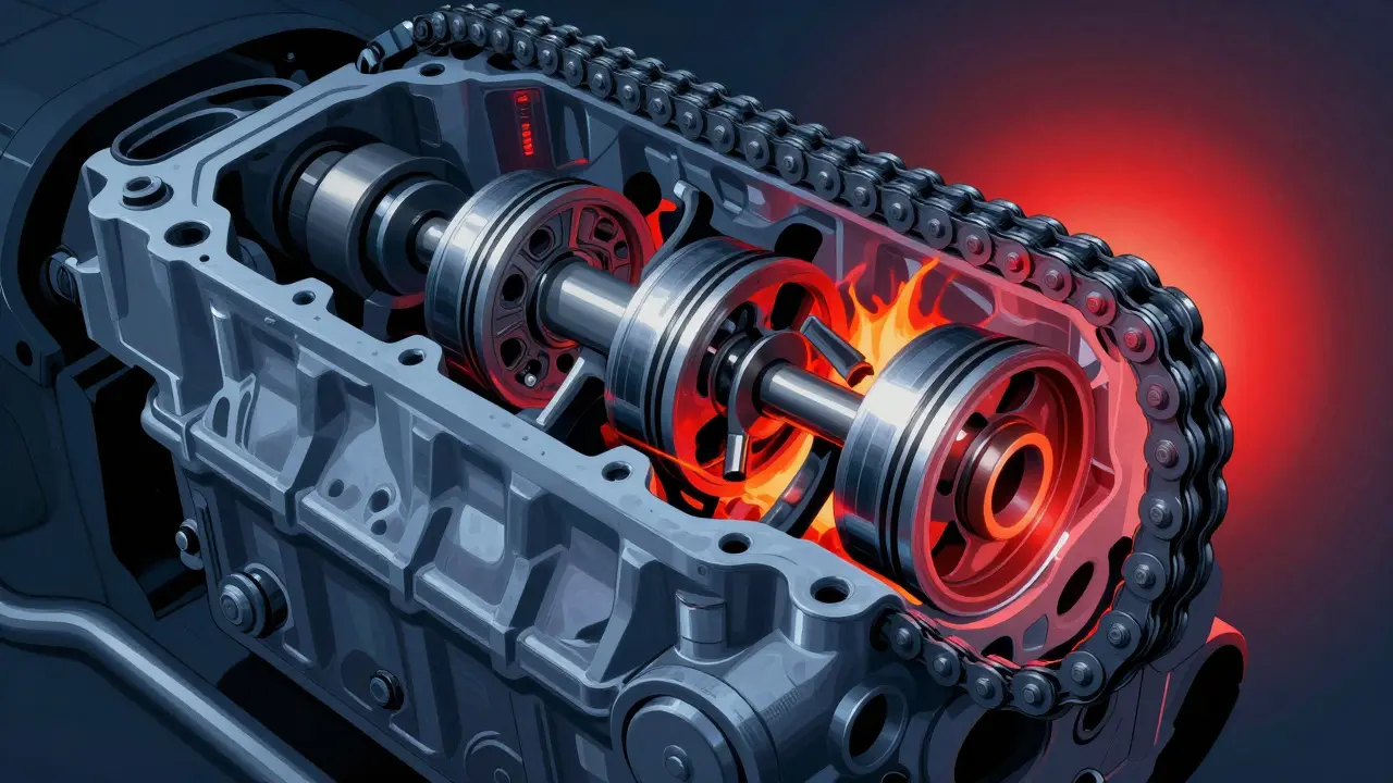 Průřez motoru ukazující náraz pístů a ohnuté ventily po přetržení rozvodového řetězu.