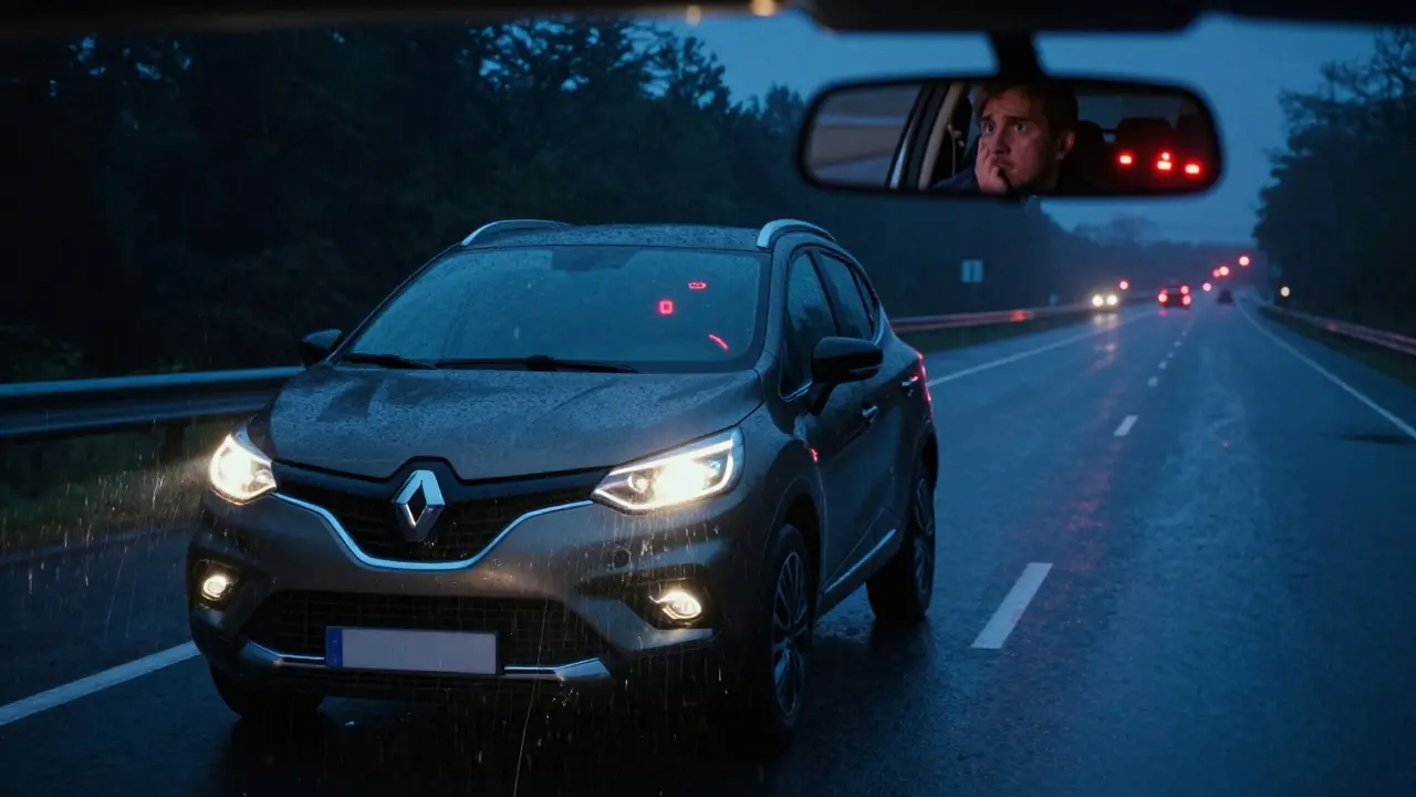 Renault na dálnici náhle zastaví, světla hasnou, výstražné lampy na přístrojové desce blikají červeně.