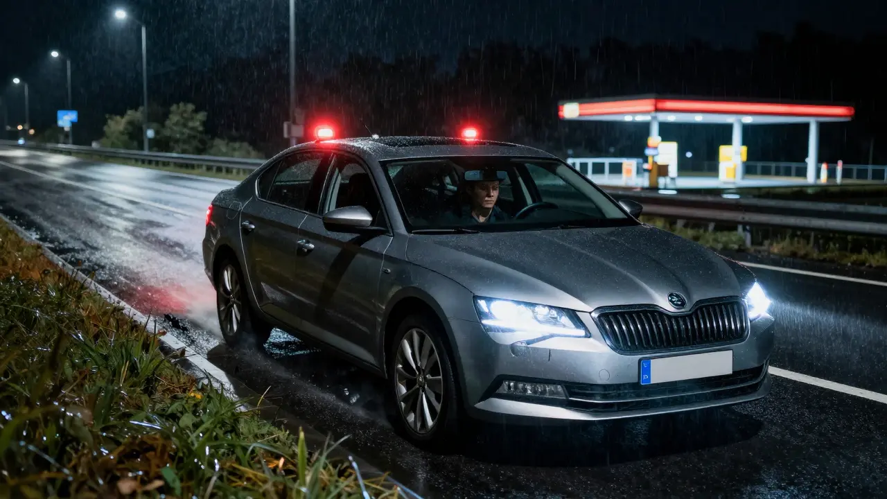 Škoda Superb losing power on highway at night, engine revving, emergency lights on.