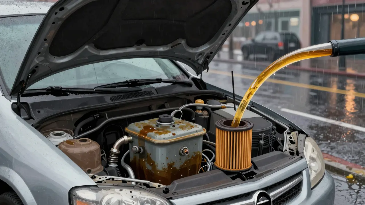 Starý Opel Astra G s otevřeným motorem, kde je vidět špína a čistý olej vedle sebe.