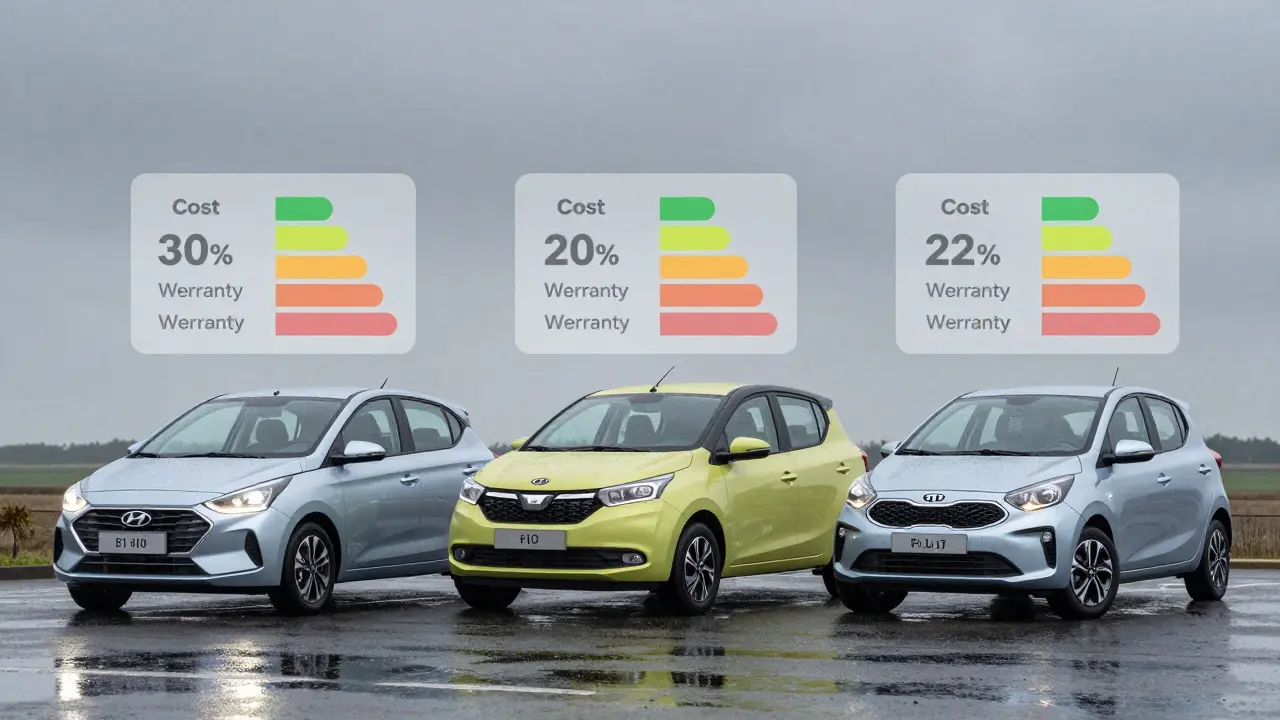 Stranové srovnání Hyundai i10, Dacia Spring a Kia Picanto s informacemi o ceně a záruce.