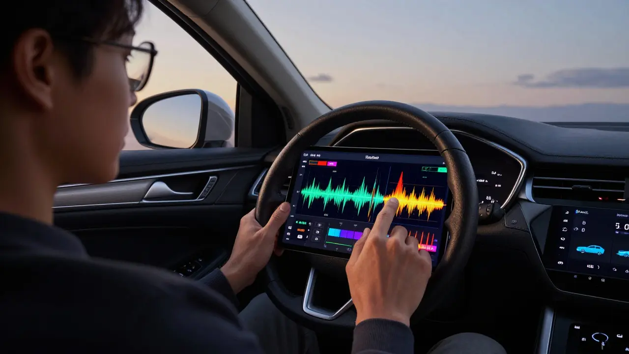 Technická kontrola vozidla s tabletou zobrazujícími grafy dat motoru.