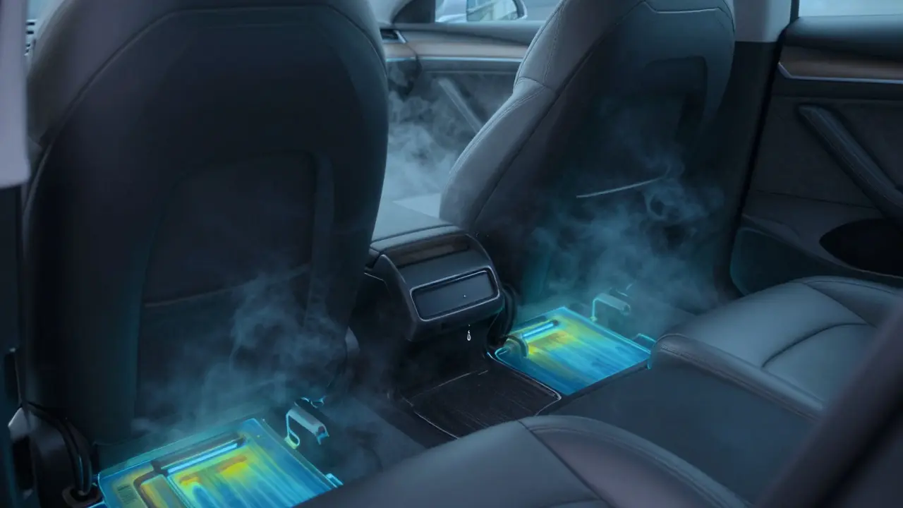 Termokamera ukazuje skryté vlhké oblasti pod sedadly Tesly.