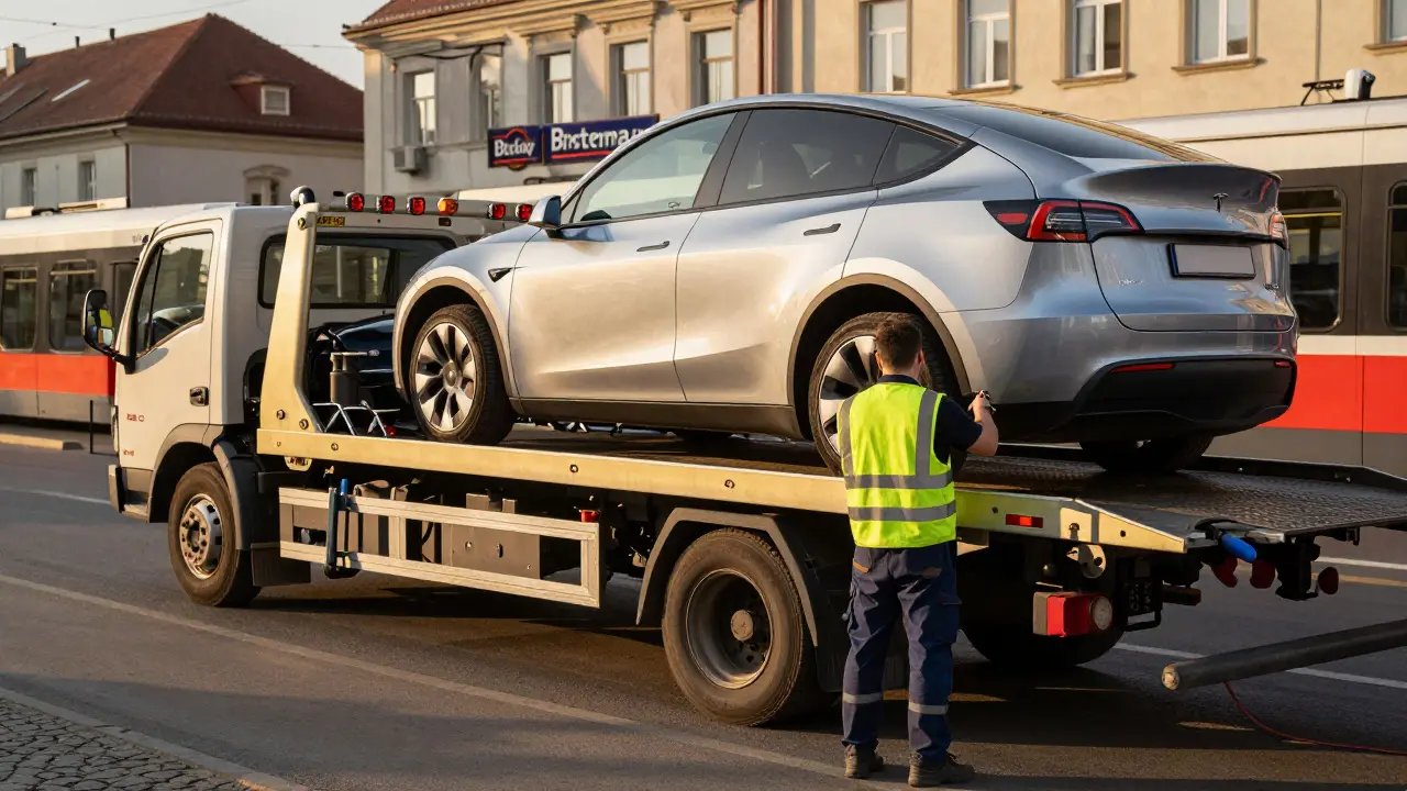 Tesla being transported on a certified hydraulic flatbed tow truck in Czech urban setting.
